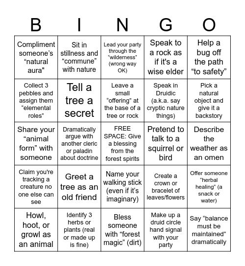 Sherwood Forest Bingo! Wild Druid Edition Bingo Card