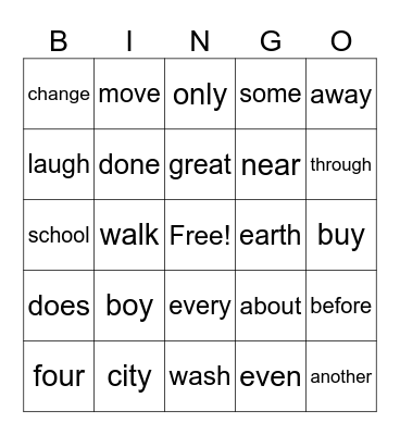 Sight Word Bingo Card