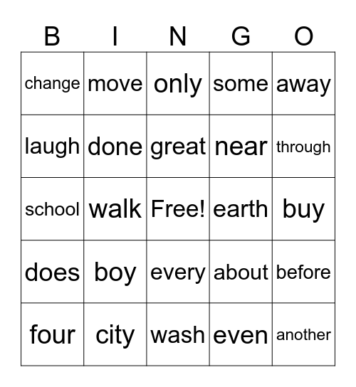 Sight Word Bingo Card