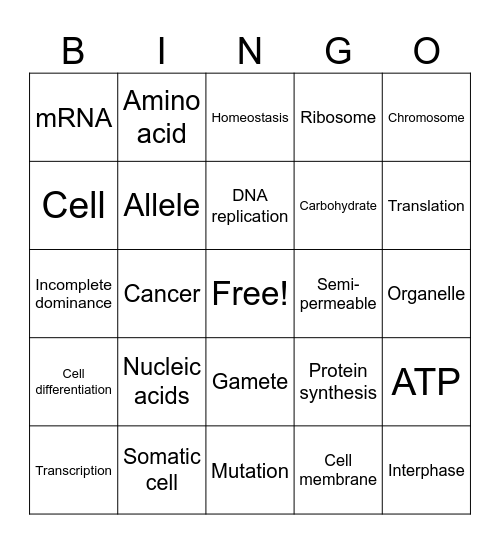 Biology Vocab Bingo (Set 1) Bingo Card