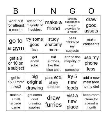 goals Bingo Card