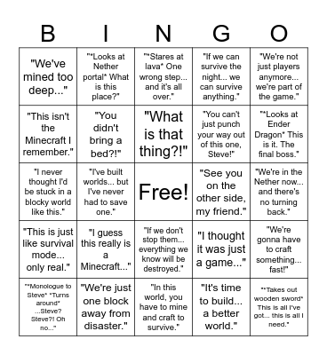 MINECRAFT MOVIE Bingo Card