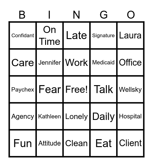 Caregiver Bingo Card