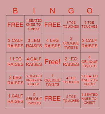 AT WORK WORKOUT BINGO Card