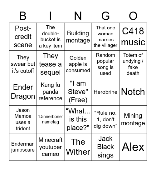 Minecraft Movie Bingo Card
