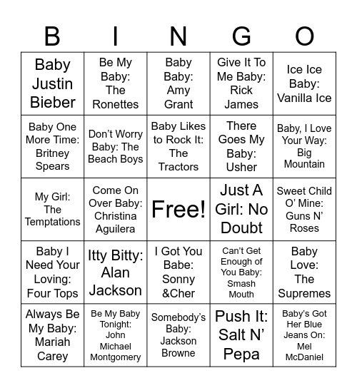 Baby Song Bingo Card
