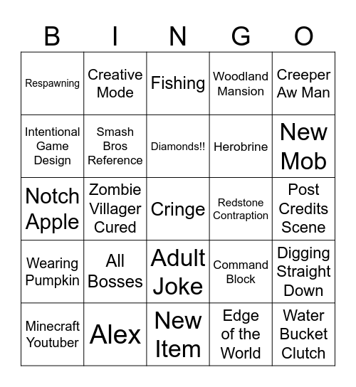Minecraft Movie Bingo Card