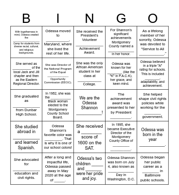 Odessa Shannon Day Bingo Card