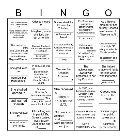 Odessa Shannon Day Bingo Card