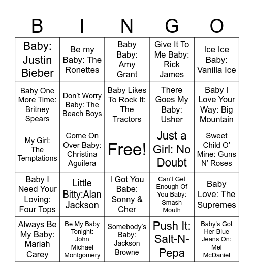 Baby Music Bingo Card