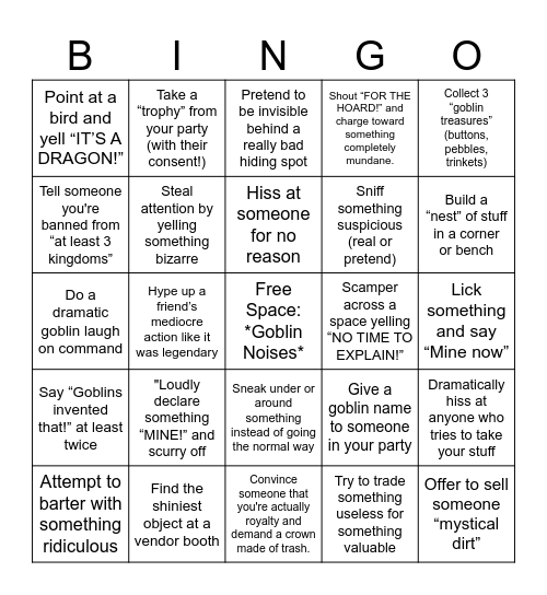Sherwood Forest Bingo! Goblin Edition Bingo Card