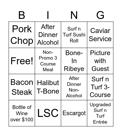 Oceanaire Bingo Card