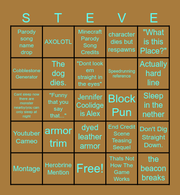 A Minecraft Movie Bingo Card