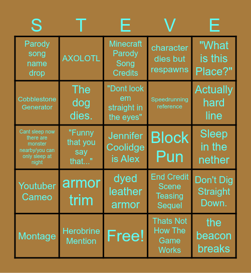 A Minecraft Movie Bingo Card