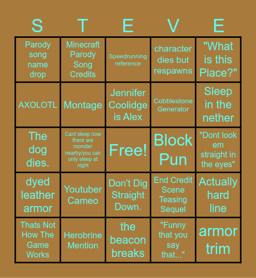 A Minecraft Movie Bingo Card
