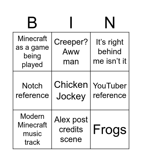 Minecraft Movie Bingo Card