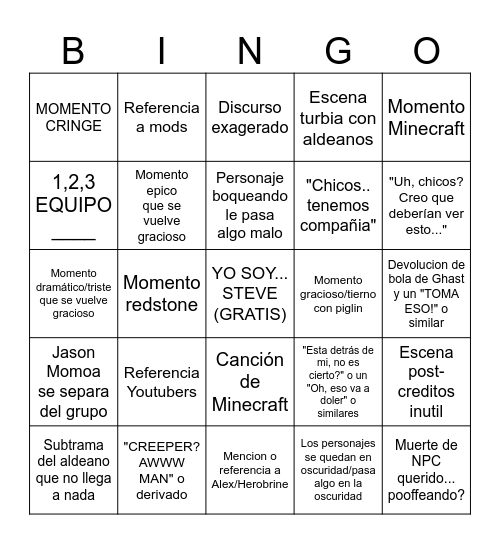 Minecraft BINGO Card