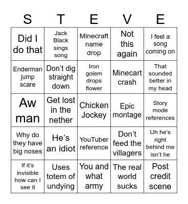 Minecraft bingo Card