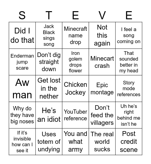 Minecraft bingo Card
