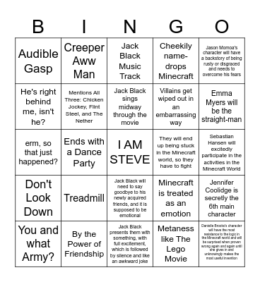 A Minecraft Movie Bingo Card