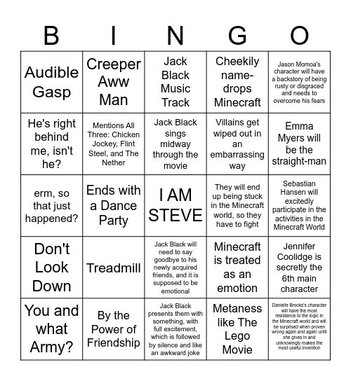 A Minecraft Movie Bingo Card