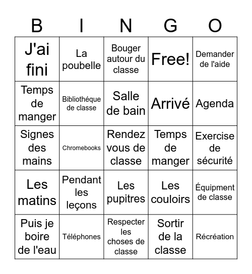 Les Attentes de Classe Bingo Card