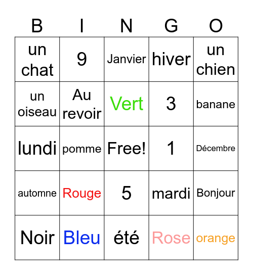 French Club Bingo Card