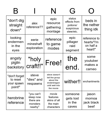 a minecraft movie Bingo Card