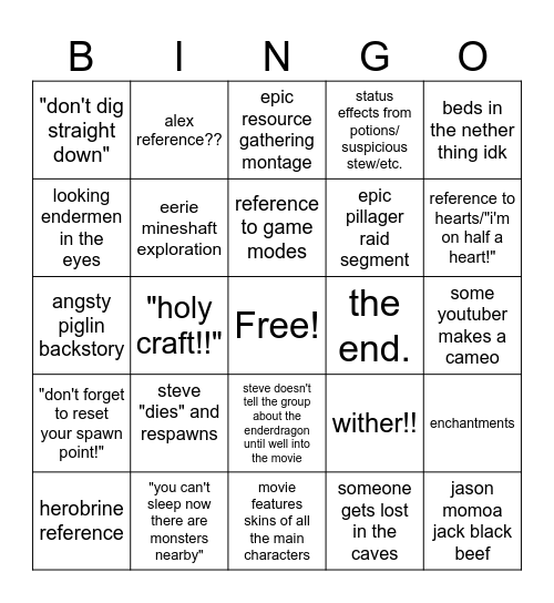 a minecraft movie Bingo Card