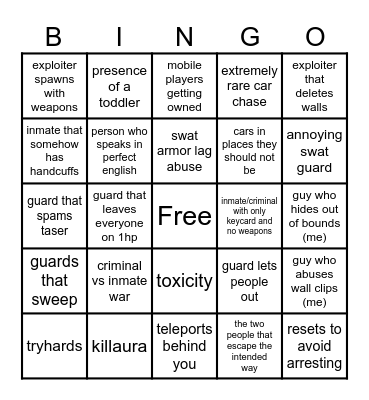 Prison Life Bingo Card