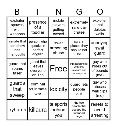 Prison Life Bingo Card