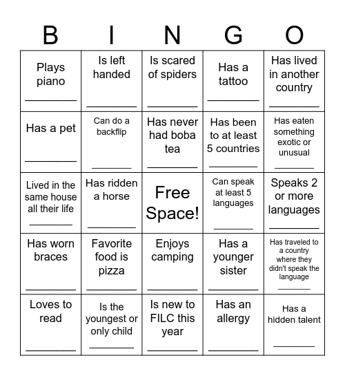 Meet and Greet Bingo Card