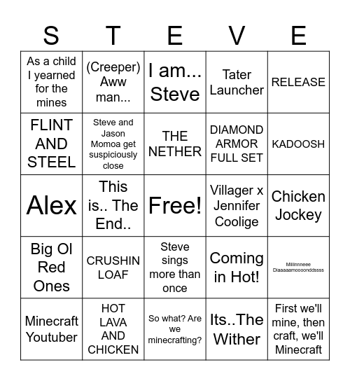 Minecraft Movie Bingo Card
