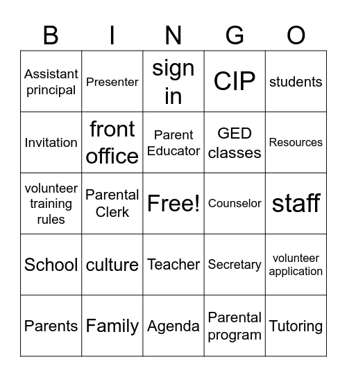 Parental Program Bingo Card