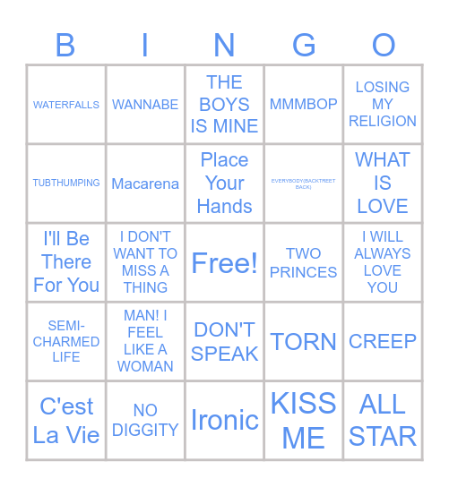 90S MUSIC Bingo Card