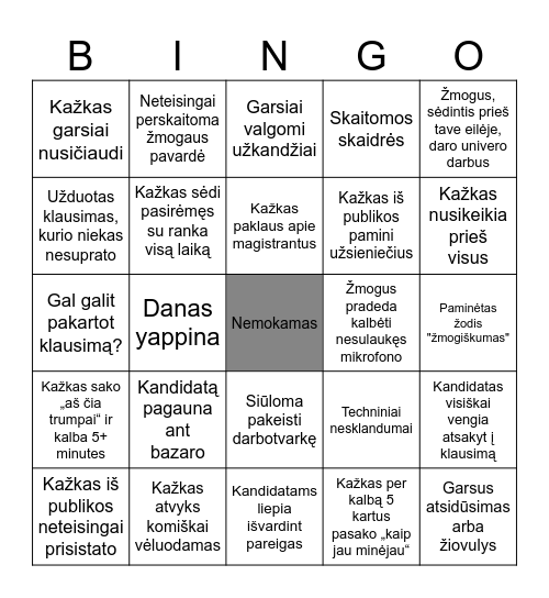 Surinkus 5 iš eilės (įstrižai galioja) atsistoti ir garsiai pasakyti BINGO! Bingo Card