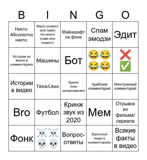 Ютуб Шортс и его комментарии Bingo Card