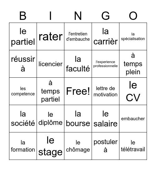 bingo de vocabulaire Bingo Card