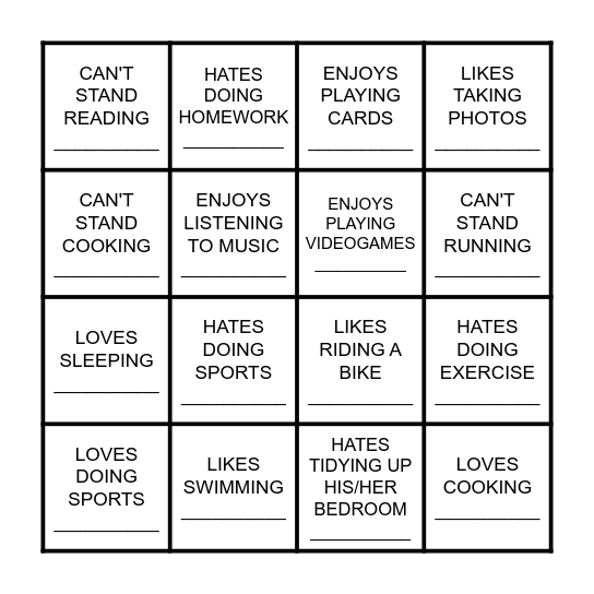 LIKES AND DISLIKES Bingo Card