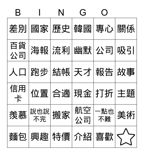 中文 Bingo Card