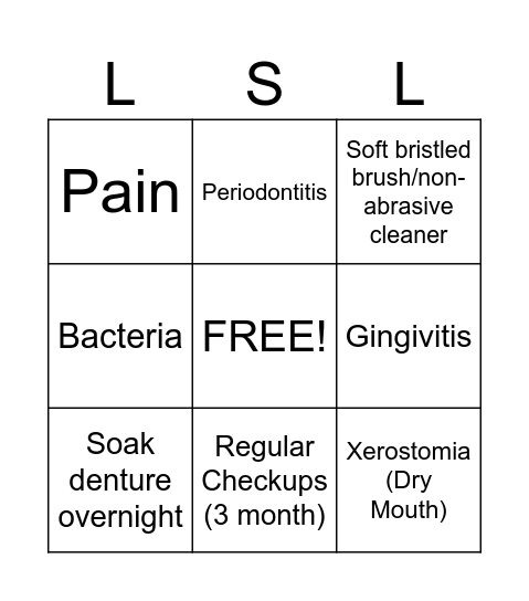 Oral Self Care Bingo Card