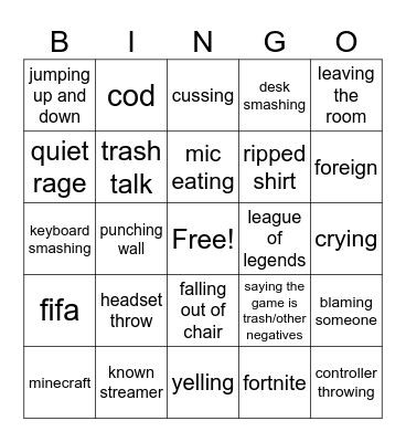 gamer rage bingo Card