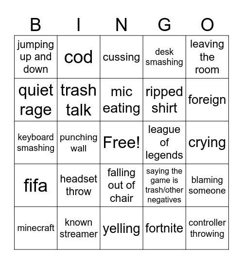 gamer rage bingo Card