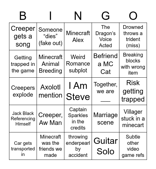 Minecraft Movie Bingo Card