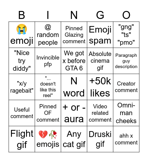 Instagram Comments Bingo Card