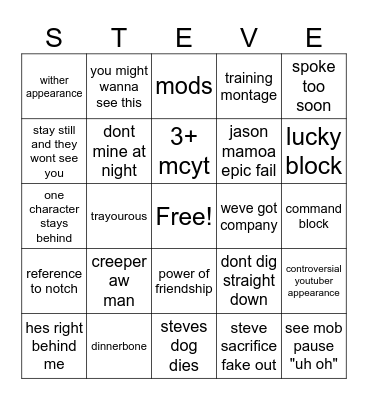 minecraft movie STEVE Bingo Card