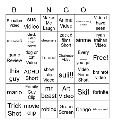 YT Shorts Bingo Card