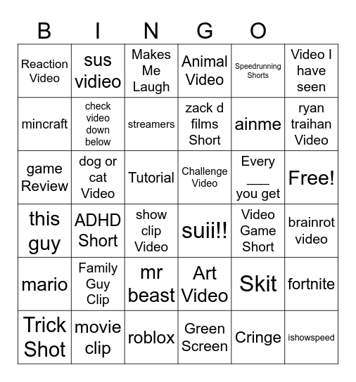 YT Shorts Bingo Card