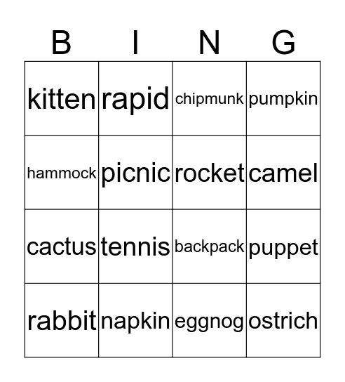 Blend 2 Closed Syllables Bingo Card