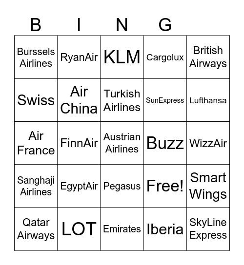 Airlines BUD Bingo Card